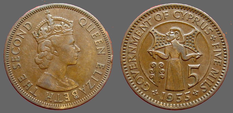 Cyprus, Queen Elizabeth II. AE25 (5) Mils 1955. | Greek Coins