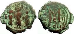 Ancient Coins - Heraclius AE24x26 Follis. Heraclius w. wife and son. Constantinople