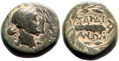 Ancient Coins - Lydia, Sardes, AE14 Apollo / Club within oak wreath.