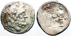 Ancient Coins - Roman Republic AR Victoriatus.  Jupiter / Victory w. trophy