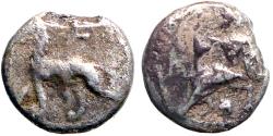 Ancient Coins - Cilicia, Tarsos AR7.5 Obol. Baaltars on throne / Lion advancing