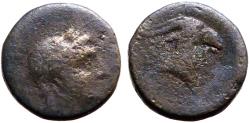 Ancient Coins - Aeolis, Aigai, AE10 Laureate head of Apollo right / Head of goat right