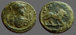 Ancient Coins - Lydia, Akrasas AE14 Athena, armored, serpents / Lion adv.