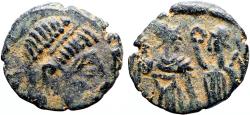 Ancient Coins - Honorius imitative AE14 Victory holds wreath over emperor