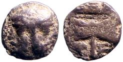 Ancient Coins - Islands of Troas, Tenedos AR8 Hemiobol. Janiform head / Labrys within incuse