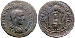 Ancient Coins - Philip II AE25 Mesopotamia, Nisibis. Tyche in tetrastyle temple