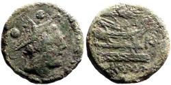 Ancient Coins - Roman Republic AE20 Sextans. Mercury / Gallery prow. Rome