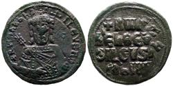 Ancient Coins - Romanus I AE28 Follis. Facing bust of Romanus, holding transverse labarum and globus cruciger
