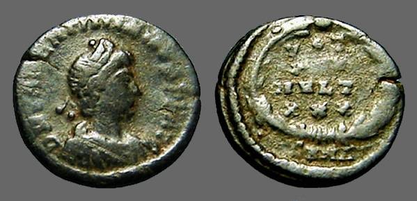 Ancient Coins - Valentinian II AE4 Vows in wreath VOT/X/MVLT/XX.  Antioch, Turkey.
