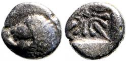 Ancient Coins - Ionia, Miletos AR9 diobol. Lion / incuse Stellate pattern