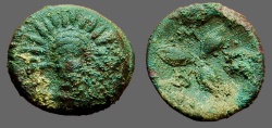 Ancient Coins - Lucanaia, Metapontum AE14 Radiated head of Helios, facing / 3 Barley Grains