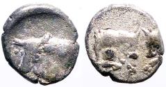 Ancient Coins - Caria, Uncertain mint. AR7 hemiobol. Bull / Bull's confronted