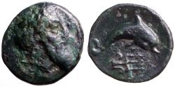 Ancient Coins - Caria, Mylasa AE11 Chalkous. Zeus Osogōs / Dolphin & trident