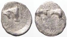 Ancient Coins - Caria, Uncertain mint. AR7 hemiobol. Bull / Bull's confronted