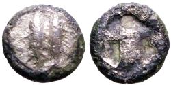 Ancient Coins - Mysia, Kyzikos AR8 Obol. Two Tunny Fish swimming / Incuse