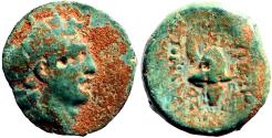 Ancient Coins - Seleukid, Tryphon AE18 His Diad. Head rt / Ibex Helmet
