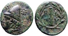 Ancient Coins - Troas, Birytis AE18 Kabeiros w. pileos / Club in wreath
