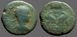 Ancient Coins - Herennius Etruscus AE27 legionary eagle either side vexillum.  Caesarea