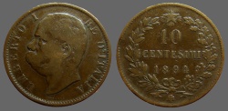 World Coins - Italy, Umberto I AE30 Hd left / 10 Centesimi in wreath.  1894