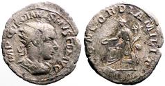 Ancient Coins - Gordian III AR23 Antoninianus. Concordia seated w. pater and cornucopia. Rome.