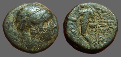 Ancient Coins - Antiochus III AE15 Hd of Apollo / Apollo standing left, holds arrow and bow.   