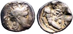 Ancient Coins - Calabria, Taras AR Diobol Athena / Herakles strangling Nemean Lion