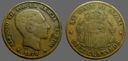 World Coins - Spain.  Alfonso XII AE30  1879.  Diez Centimos