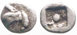 Ancient Coins - Ionia, Teos AR5 Tetartemorion.  left facing Griffin / Incuse square w. pellet