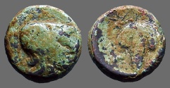 Ancient Coins - Lokris, Opuntia AE13 Athena in Corinthian helmet / Grape Cluster