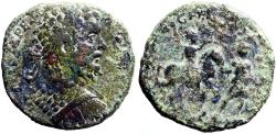 Ancient Coins - Septimius Severus AE30 Sestertius.  Septimius horseback w. salute.  Led by soldier