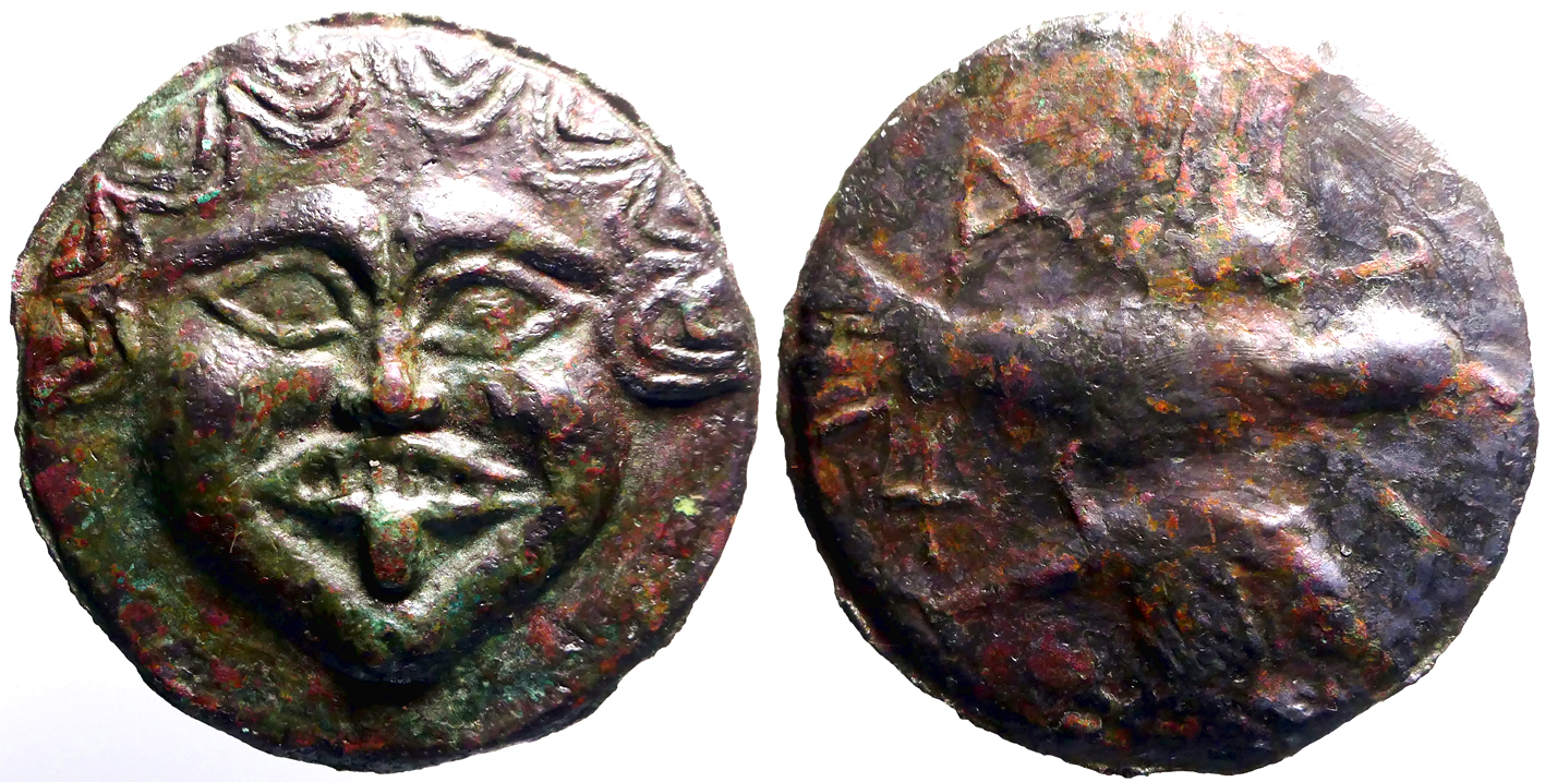 Scythia, Olbia AE69 Cast coinage. Gorgoneion / Sea Eagle w. dolphin