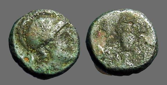 Ancient Coins - Aeolis, Larissa Phrikonis AE12 Helmeted Athena / Amphora, caduceus