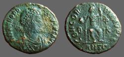 Ancient Coins - Theodosius I AE3 Constantinopolis seated w. globe & spear. Antioch, Turkey 