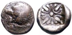 Ancient Coins - Ionia, Miletos AR9 diobol. Lion / incuse Stellate pattern