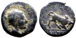 Ancient Coins - Phrygia, Kibyra AE10 Male head in helmet / Bull butting