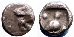 Ancient Coins - Ionia, Miletos AR4.5 Tetartemorion. Roaring Lion / Eagle within incuse square