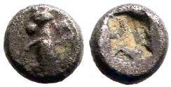 Ancient Coins - Cilicia, Uncertain. AR5 Tetartemorion.  King w. dagger and bow / Incuse punch
