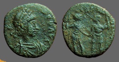 Ancient Coins - Honorius AE3 Honorius & Theodosius hold globe between them 