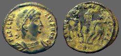 Ancient Coins - Delmatius AE3 GLORIA EXERCITVS 2 soldiers, 1 Standard.  Antioch