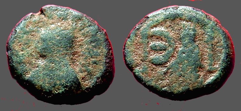 Ancient Coins - Justin I AE12 Pentanummium.  Tyche of Antioch in temple, River God below. 