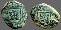 World Coins - Spain AE26x23 4 Maravedis restruck & tarrifed to 8 Maravedis,   Time of Philip II-IV 1611  