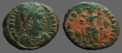 Ancient Coins - Gratian AE3 Constantinopolis seated w. globe & Spear. Antioch.   