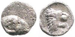 Ancient Coins - Caria AR6 Diobol. Ram's head / Lion's head