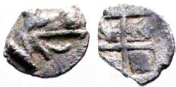 Ancient Coins - Teos, Ionia. AR6 Tetartemorion. Griffin / Incuse square