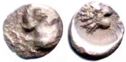 Ancient Coins - Caria, Hekatomnos AR5 Tetartemorion. Apollo facing / Lion