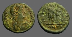 Ancient Coins - Honorius AE3 (18mm) Victory holds wreath over Honorius.  Antioch, Turkey 