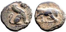 Ancient Coins - Caria, Kaunos AE11 Bull butting / Sphinx seated