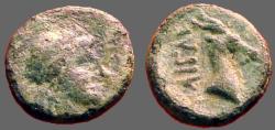 Ancient Coins - Aeolis, Aigai, AE9 Laureate head of Apollo right / Head of goat right.