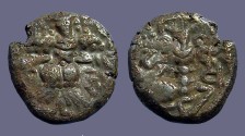 World Coins - India AE18 billon stater. King Harsha.   Enthroned Ardoxsho / King standing