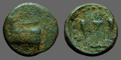 Ancient Coins - Megaris, Megara,  AE14 Galley Prow / Tipod w. dolphin